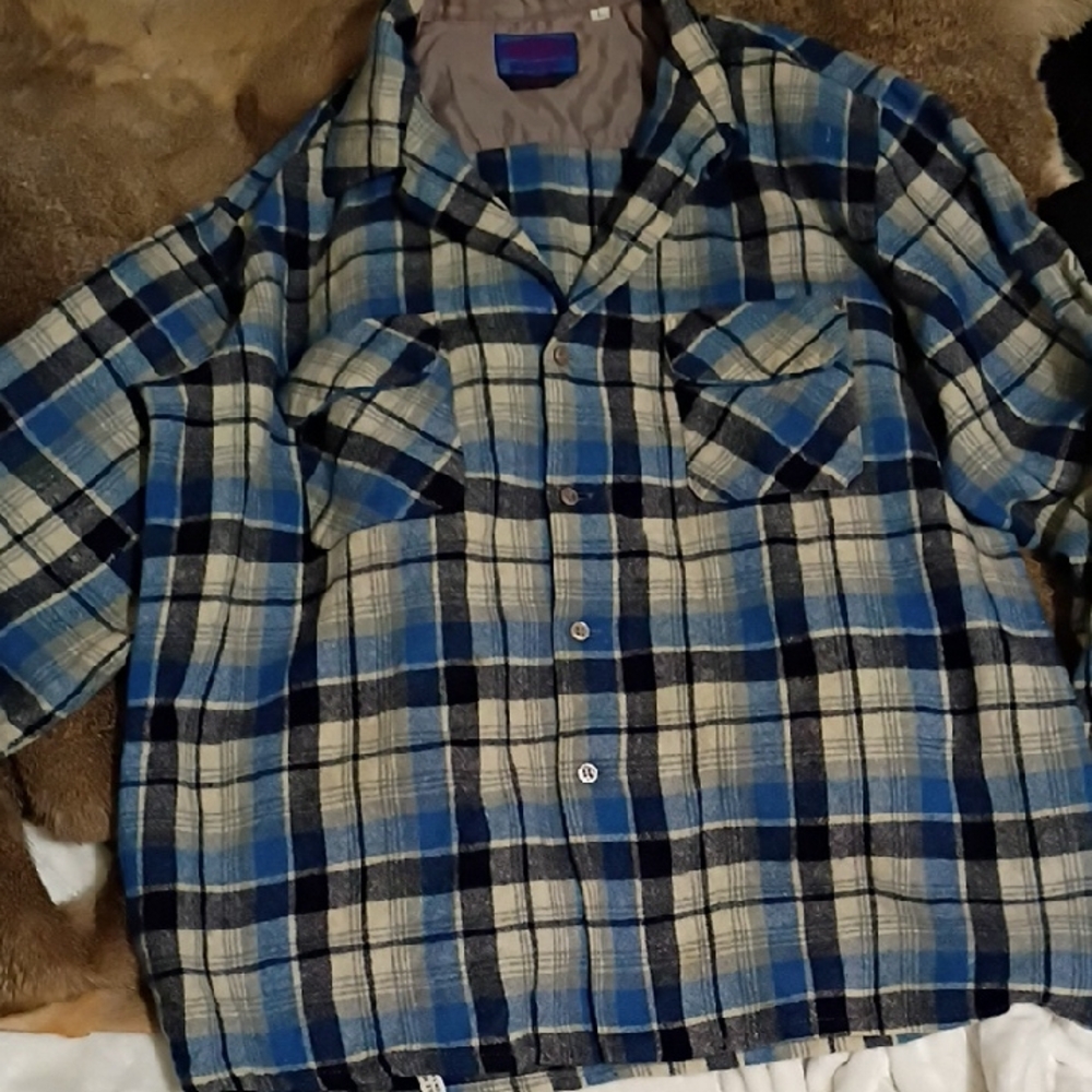 Vintage Wooll Blue and Cream Plaid Button-Up Shirt